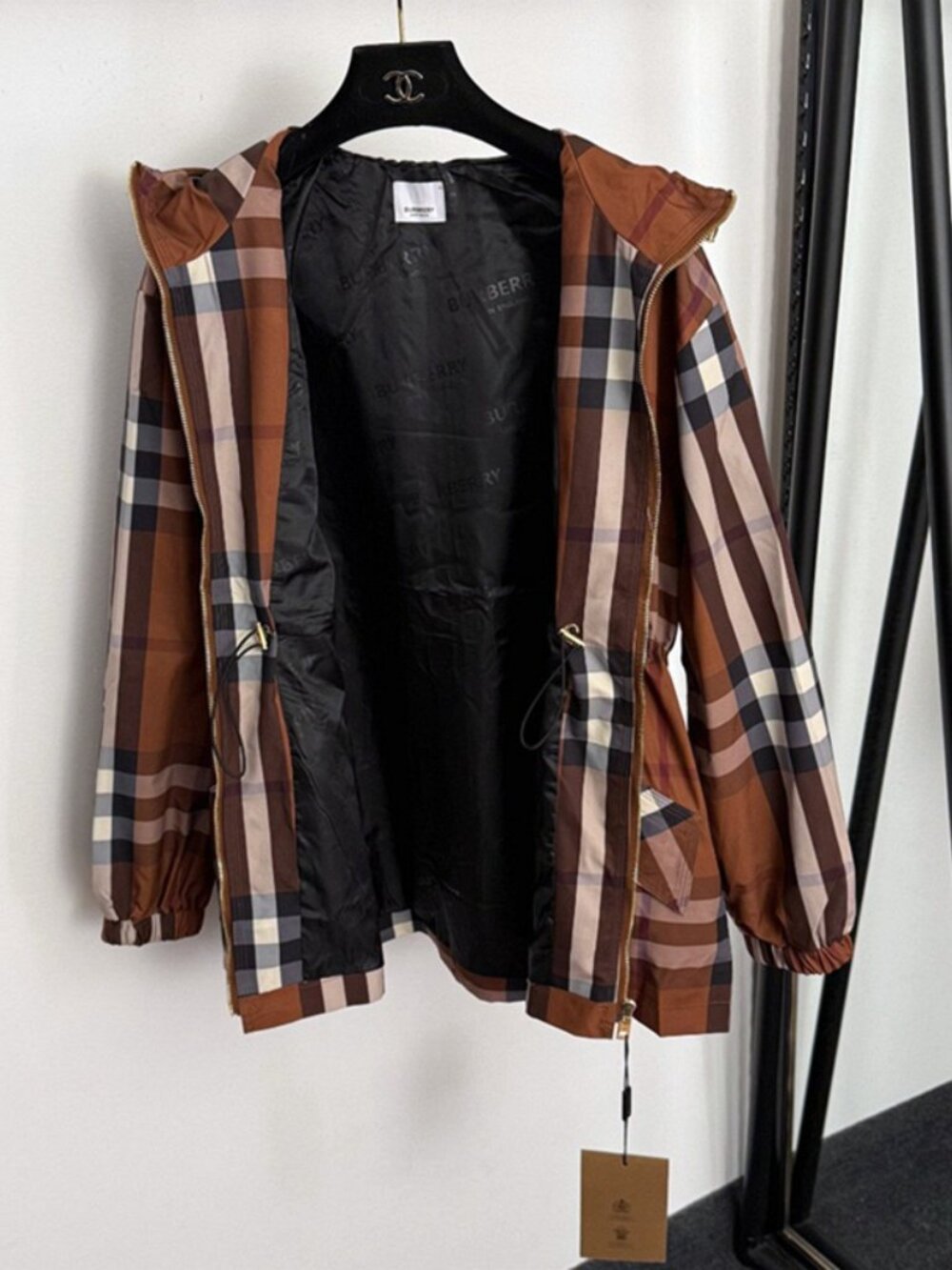 Burberry Brown Check Hooded Parka Jacket Adjustable Cinched Waist - Picture 2 of 9
